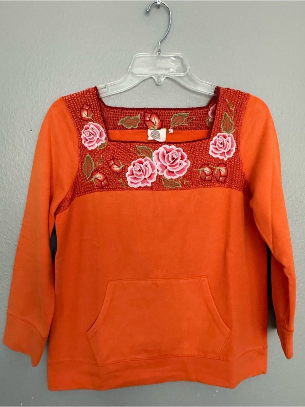 Anthropologie Lilka Embroidered Rose Sweatshirt Square Neck Orange L